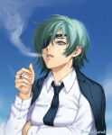  1girl aqua_eyes aqua_hair arm_under_breasts black_jacket black_necktie blue_sky breasts chainsaw_man cigarette collared_shirt eyepatch hair_between_eyes highres himeno_(chainsaw_man) holding holding_cigarette jacket jacket_on_shoulders long_sleeves medium_breasts necktie one_eye_covered outdoors parted_lips shirt short_hair sky smoke smoking solo suit_jacket twitter_username uboar upper_body white_shirt 