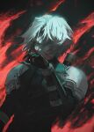  1boy absurdres aqua_eyes armor bangs black_gloves black_jacket blood blood_in_hair blood_on_face fiery_background final_fantasy final_fantasy_vii final_fantasy_vii_ever_crisis final_fantasy_vii_remake fire gloves grey_hair highres hirisson jacket looking_at_viewer male_focus parted_bangs sephiroth sheath short_hair shoulder_armor solo upper_body wiping_mouth 