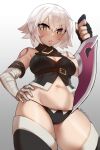  1girl a_big_brother arm_belt bandaged_arm bandages black_panties blush breasts dagger fate/apocrypha fate_(series) gloves hand_on_hip highres holding holding_dagger holding_knife holding_weapon jack_the_ripper_(fate/apocrypha) knife looking_at_viewer lowleg lowleg_panties medium_breasts navel panties scar scar_across_eye scar_on_cheek scar_on_face short_hair shoulder_tattoo single_glove solo tattoo thighs underwear weapon white_hair yellow_eyes 