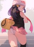  1girl accidental_exposure ass bag bare_shoulders beanie black_hair black_shirt black_thighhighs blush closed_mouth clothes_lift dawn_(pokemon) duffel_bag from_behind grey_eyes hair_ornament hairclip hat highres long_hair looking_at_viewer looking_back panties pantyshot pink_skirt pleated_skirt poke_ball_print pokemon pokemon_(game) pokemon_dppt red_scarf scarf shirt skirt skirt_caught_on_object skirt_lift sleeveless sleeveless_shirt snagged solo spring2013 standing thighhighs underwear wardrobe_malfunction wedgie white_headwear white_panties yellow_bag 