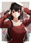  1girl absurdres bangs black_hair collarbone earrings flower highres jewelry looking_at_viewer open_mouth red_eyes red_flower red_rose red_shirt rose shadow shirt smile solo spy_x_family yor_briar zetto_(zet) 