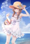  1girl alternate_costume bag beach blue_sky braid breasts brown_eyes brown_hair cleavage cloud criss-cross_halter day dress frilled_dress frills halterneck hat horizon kantai_collection kukimaru large_breasts long_hair looking_at_viewer ocean one_eye_closed outdoors shinshuu_maru_(kancolle) sky solo spaghetti_strap straw_hat sun_hat sundress twin_braids twitter_username white_dress 