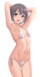  1girl :d armpits arms_behind_head bikini black_eyes black_hair blush breasts collarbone highres idolmaster idolmaster_cinderella_girls looking_at_viewer open_mouth otokura_yuuki see-through short_hair side-tie_bikini_bottom simple_background small_breasts smile solo swimsuit tomajiyama wet white_background white_bikini 