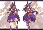  1girl :d animal_ears bangs bat_wings black_gloves black_hair black_skirt blush bow commentary_request fangs gloves guraasan hair_over_one_eye horse_ears horse_girl horse_tail letterboxed long_hair make_up_in_halloween!_(umamusume) multiple_views pleated_skirt puffy_short_sleeves puffy_sleeves purple_bow purple_eyes purple_footwear purple_wings rice_shower_(make_up_vampire!)_(umamusume) rice_shower_(umamusume) shirt shoes short_sleeves skirt smile standing standing_on_one_leg tail umamusume v-shaped_eyebrows very_long_hair white_background white_shirt wings zoom_layer 
