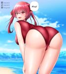  1girl absurdres ass bent_over comic_sans day ddg3420 facebook_logo facebook_username fang heterochromia highres hololive hololive_english houshou_marine looking_at_viewer looking_back outdoors pixiv_logo pixiv_username red_eyes red_hair smile solo swimsuit thighs twitter_logo twitter_username watermark yellow_eyes 