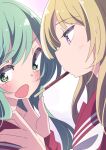  2girls @_@ assault_lily bangs blonde_hair blush closed_mouth commentary_request face-to-face food food_in_mouth from_side gradient gradient_background green_eyes green_hair hands_on_another&#039;s_shoulders hands_up honkawa_works kanba_girls_high_school_uniform long_hair long_sleeves looking_at_another looking_away looking_to_the_side miyagawa_takane mouth_hold multiple_girls neckerchief open_mouth pocky pocky_in_mouth pocky_kiss portrait profile purple_background purple_eyes red_sailor_collar red_shirt sailor_collar school_uniform serafuku shirt sidelocks toki_kureha wavy_mouth white_background white_neckerchief yuri 