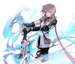  1girl aqua_eyes armband armor asymmetrical_arms bangs black_gloves breasts cape cofffee cowboy_shot final_fantasy final_fantasy_xiii fingerless_gloves gloves gunblade hair_over_shoulder lightning_farron long_hair looking_at_viewer medium_breasts pink_hair red_cape shoulder_armor sleeveless sleeveless_jacket solo swept_bangs wavy_hair weapon white_background white_jabot 