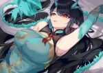 1girl absurdres aqua_dress aquarius_cat arknights arm_up armpits bangs bare_shoulders black_hair breasts china_dress chinese_clothes commentary_request dress dusk_(arknights) dusk_(everything_is_a_miracle)_(arknights) highres horns large_breasts long_hair orange_eyes parted_lips sleeveless sleeveless_dress smile solo tail upper_body very_long_hair 