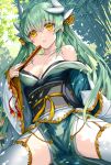  1girl bangs bare_shoulders blush breasts cleavage collarbone commentary_request dragon_girl dragon_horns fate/grand_order fate_(series) folding_fan green_hair hand_fan highres holding holding_fan horns japanese_clothes kiyohime_(fate) large_breasts long_hair long_sleeves looking_at_viewer morizono_shiki outdoors parted_lips solo spread_legs thighhighs thighs white_thighhighs yellow_eyes 