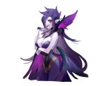  1girl asami_okutoshioku bangs bare_arms bare_shoulders breasts cleavage collarbone cropped_legs demon_girl demon_wings dress from_side glowing glowing_eyes hand_up highres large_breasts league_of_legends long_hair morgana_(league_of_legends) pointy_ears purple_dress purple_eyes shiny shiny_hair simple_background solo white_background wings 