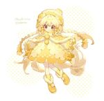  1girl blonde_hair boots bow braid brown_eyes capelet double_bun dress fidough fur-trimmed_boots fur-trimmed_capelet fur_trim hair_bun hibi89 long_hair low-tied_long_hair open_mouth personification pokemon socks solo twin_braids yellow_bow yellow_capelet yellow_dress yellow_footwear yellow_headwear yellow_socks 