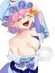  10000_we 1girl :d blue_headwear breasts cleavage closed_eyes eating food food_on_body food_on_breasts hat highres holding holding_food holding_plate large_breasts long_sleeves mob_cap off_shoulder open_mouth pizza plate saigyouji_yuyuko simple_background smile solo touhou triangular_headpiece white_background 
