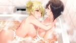  2girls bathing bathroom bathtub black_hair blonde_hair blue_eyes breasts brown_eyes completely_nude couple dsmile furutachi_ren game_cg hair_bun hayahoshi_akuru indoors large_breasts looking_at_another medium_breasts multiple_girls nipples nude open_mouth oshi_no_love_yori_koi_no_love partially_submerged shiny shiny_hair shiny_skin short_hair straight_hair yuri 