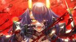  1girl armor armored_dress armored_gloves bangs blood blood_spray blush cluseller demon_girl eyes_visible_through_hair gloves hair_over_one_eye horns indie_virtual_youtuber long_hair looking_at_viewer mouth_pull oni onigiri_(vtuber) open_mouth purple_hair red_background sharp_teeth slit_pupils solo teeth tongue tongue_out virtual_youtuber yellow_eyes 