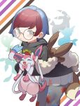  1girl backpack bag bangs blue_hair blush brown_bag closed_mouth commentary_request glaceon glasses grey_eyes grey_pantyhose highres holding holding_pokemon hood hoodie leafeon leaning_forward long_sleeves multicolored_hair pantyhose penny_(pokemon) poke_ball_print pokemon pokemon_(creature) pokemon_(game) pokemon_sv red_hair round_eyewear sakurami_sumi see-through see-through_skirt skirt sleeves_past_wrists sylveon two-tone_hair umbreon vaporeon 
