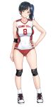  1girl ass_visible_through_thighs asymmetrical_bangs bangs black_hair breasts buruma closed_mouth collarbone commentary_request covered_navel elbow_pads full_body green_eyes hand_on_hip jersey kneepits large_breasts long_hair looking_at_viewer nora_shinji original print_shirt red_buruma red_shirt shirt shoes side_ponytail sleeveless sleeveless_shirt sneakers socks solo sportswear two-tone_shirt volleyball_uniform white_background white_footwear white_shirt white_socks 