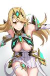  1girl armor armpits bangs blonde_hair blush breasts chest_jewel cleavage cleavage_cutout closed_mouth clothing_cutout commentary cowboy_shot elbow_gloves floating_hair gloves glowing gradient gradient_background grey_background highres holding holding_weapon long_hair looking_to_the_side medium_breasts miniskirt mythra_(xenoblade) neon_trim pleated_skirt shouhei shoulder_armor simple_background skirt smile solo standing swept_bangs thigh_gap thigh_strap thighs tiara weapon white_background white_gloves white_skirt xenoblade_chronicles_(series) xenoblade_chronicles_2 yellow_eyes 