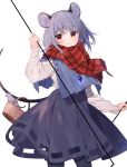  1girl akagashi_hagane animal_ears basket capelet contrapposto dowsing_rod grey_hair highres holding holding_with_tail jewelry long_sleeves looking_at_viewer mouse mouse_ears mouse_tail nazrin pantyhose pendant plaid plaid_scarf prehensile_tail red_eyes red_scarf scarf skirt smile solo tail touhou white_background 