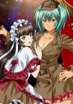  2girls :d alternate_costume aqua_hair bangs blunt_bangs bow breasts brown_coat brown_eyes brown_hair brown_headwear capelet cleavage closed_mouth coat collarbone detective green_eyes hair_bow hair_ribbon hand_on_hip hat holding ikkitousen index_finger_raised large_breasts long_hair looking_at_viewer mini_hat miniskirt multiple_girls open_mouth plaid plaid_skirt pleated_skirt red_bow ribbon ryofu_housen shiny shiny_hair short_sleeves skirt smile standing ten&#039;i_(ikkitousen) white_bow white_capelet white_ribbon 