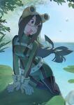  1girl asui_tsuyu black_eyes bodysuit boku_no_hero_academia bow-shaped_hair chest_harness frog_girl gloves goggles goggles_on_head grass green_bodysuit green_hair hair_between_eyes harness lake long_hair long_sleeves long_tongue looking_away lotus_leaf low-tied_long_hair mi8pq thighhighs tongue tongue_out very_long_hair water white_gloves 