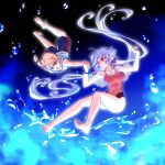  1boy 1girl axia-chan bare_shoulders barefoot blonde_hair blue_background blue_eyes grey_hair hand_up highres holding_hands hood long_hair one-piece_swimsuit red_one-piece_swimsuit senki_zesshou_symphogear senki_zesshou_symphogear_xd_unlimited shorts sleeveless swimsuit twintails water yukine_chris 