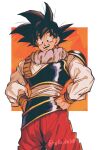  1boy absurdres armor asymmetrical_hair bangs black_hair chest_armor dragon_ball dragon_ball_z happy highres long_sleeves male_focus official_alternate_costume open_mouth orange_pants pants parted_bangs red_pants relio_db318 shirt shoulder_armor smile solo son_goku spiked_hair teeth twitter_username white_shirt 