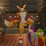  absurd_res alexthewolf1337 anthro bandai_namco bow_tie christmas christmas_clothing christmas_headwear christmas_tree clothing digimon digimon_(species) duo female fireplace hat headgear headwear hi_res holidays legwear male male/female mistletoe plant renamon santa_hat stockings tree 