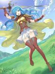  1girl absurdres armor boots breastplate cape cloud commission eirika_(fire_emblem) fingerless_gloves fire_emblem fire_emblem:_the_sacred_stones floating_hair gloves grass highres long_hair mountainous_horizon open_mouth outdoors panties pantyshot red_footwear red_gloves red_shirt shirt skeb_commission skirt sky solo souto_(0401) thigh_boots underwear v-shaped_eyebrows white_panties white_skirt yellow_cape 