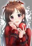  1girl absurdres antenna_hair apple blurry blurry_background blush brown_hair cosmicj22 dress food fruit head_tilt highres holding holding_food holding_fruit idolmaster idolmaster_cinderella_girls long_hair looking_at_viewer red_dress red_eyes smile solo tsujino_akari upper_body very_long_hair 