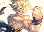  1boy abs bangs blonde_hair blood blood_from_mouth blood_on_face bruise bruise_on_face clenched_hand dougi dragon_ball green_eyes injury long_hair looking_at_viewer male_focus mattari_illust muscular muscular_male open_mouth pectorals simple_background son_goku spiked_hair super_saiyan teeth topless_male torn_clothes twitter_username 