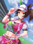  1girl belt blurry blurry_background breasts brown_hair crop_top cropped_jacket freckles ggun5524 green_eyes hand_on_hip horse_girl ines_fujin_(umamusume) large_breasts midriff navel pink_skirt side_ponytail skirt smile twitter_username umamusume visor_cap wristband 