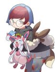  1girl backpack bag bangs blue_hair blush brown_bag closed_mouth commentary_request glasses grey_eyes grey_pantyhose highres holding holding_pokemon hood hoodie leaning_forward long_sleeves multicolored_hair pantyhose penny_(pokemon) poke_ball_print pokemon pokemon_(creature) pokemon_(game) pokemon_sv red_hair round_eyewear sakurami_sumi see-through see-through_skirt simple_background skirt sleeves_past_wrists sylveon two-tone_hair white_background 