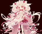  1girl ahoge alcremie alcremie_(strawberry_sweet) alcremie_(vanilla_cream) black_background blush bow bridal_garter closed_mouth commentary dress food frilled_dress frills fruit hair_rings head_wings hibi89 looking_at_viewer personification pink_hair pokemon red_bow red_eyes simple_background solo strawberry symbol-only_commentary white_dress 