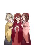  3girls black_hakama blonde_hair blue_eyes bow brown_eyes brown_hair drill_hair hair_between_eyes hair_bow hair_ornament hair_ribbon hakama harukaze_(kancolle) hatakaze_(kancolle) highres japanese_clothes kamikaze_(kancolle) kantai_collection kimono kuaixue_shiqing long_hair meiji_schoolgirl_uniform multiple_girls negative_space pink_hakama pink_kimono ponytail purple_hair red_bow red_eyes red_hakama red_kimono red_ribbon ribbon simple_background twin_drills white_background yellow_bow yellow_kimono 