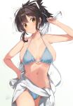  1girl :d arm_up asuka_(senran_kagura) bikini blue_bikini breasts brown_eyes brown_hair clothes_around_waist hair_ribbon highres holding holding_towel large_breasts looking_at_viewer navel ponytail ribbon senran_kagura sidelocks simple_background smile solo stomach sweater sweater_around_waist swimsuit towel white_background white_ribbon yaegashi_nan 