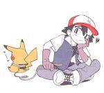  1boy ash_ketchum bangs baseball_cap black_eyes black_hair bright_pupils buttons closed_eyes closed_mouth gloves grey_pants hat holding jacket leash male_focus oharu-chan open_clothes open_jacket pants pikachu pokemon pokemon_(anime) pokemon_(classic_anime) pokemon_(creature) rubber_gloves shoes short_hair short_sleeves simple_background sitting sneakers squiggle u_u white_background white_pupils 