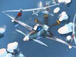  above_clouds aircraft airplane blurry blurry_background canards canopy_(aircraft) cloud flying hakutou no_humans ocean propeller sanka_(sky_crawlers) the_sky_crawlers vehicle_focus 
