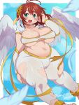  1girl ahoge angel angel_wings arm_behind_back arm_up bangs blue_background blurry blurry_foreground blush border breasts bulge collarbone commentary_request commission commissioner_name cross detached_sleeves feathered_wings feathers feet_out_of_frame gold_trim green_eyes hair_between_eyes hair_ornament highres jewelry latin_cross looking_at_viewer medium_hair navel necklace open_mouth original outside_border sanjiro_(tenshin_anman) second-party_source sierra_(ramzyuu) skeb_commission solo tareme thick_thighs thighs torn_clothes translation_request white_border wings 