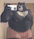  2022 anthro bear belly big_belly black_body black_nose cellphone clothing detailed_background hi_res humanoid_hands kemono male mammal mature_male moobs nanntaro navel nipples overweight overweight_male phone smartphone solo underwear 