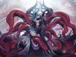  1girl absurdly_long_hair blood boots commentary_request crossed_legs heel-less_legwear high_heels highres horns long_hair looking_at_viewer original red_eyes rodway sitting smile solo teeth tentacle_clothes tentacles thigh_boots throne tongue tsurime very_long_hair white_hair 