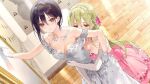  2girls bangs black_hair blonde_hair blue_eyes breast_press breasts brown_eyes cleavage closed_mouth collarbone crown_hair_ornament dress dsmile floating_hair floral_print from_above furutachi_ren game_cg gloves grey_gloves hair_between_eyes hayahoshi_akuru hug hug_from_behind indoors jewelry layered_dress long_hair medium_breasts medium_hair multiple_girls necklace off-shoulder_dress off_shoulder oshi_no_love_yori_koi_no_love pink_dress print_dress shiny shiny_hair strapless strapless_dress very_long_hair wedding_dress white_dress wife_and_wife yuri 