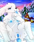  2022 anal anal_penetration anthro anus blue_body blue_skin blush breasts butt digital_drawing_(artwork) digital_media_(artwork) fawe female fur genitals hair hi_res icicle mammal nipples nude open_mouth outside penetration plant pussy shaded signature snow solo tree white_body white_fur 