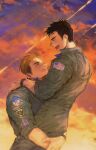  2boys carrying carrying_person chiyo_(miichiyochin) cloud commentary commentary_request evening fang highres holding long_sleeves looking_at_another male_focus military military_insignia military_uniform multiple_boys open_mouth outdoors pete_&quot;maverick&quot;_mitchell short_hair skin_fang smile solo_focus standing tom_cruise top_gun uniform united_states_navy 