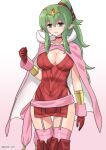  1girl :d blush boots breasts cape cleavage collarbone dress fire_emblem fire_emblem_awakening garter_straps gloves green_eyes green_hair highres kinnan large_breasts long_hair looking_at_viewer open_mouth pink_cape pointy_ears ponytail red_dress red_gloves red_thighhighs side_slit simple_background smile solo strapless strapless_dress thigh_boots thighhighs tiara tiki_(adult)_(fire_emblem) tiki_(fire_emblem) twitter_username white_background 