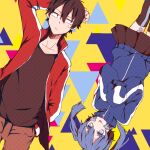  1boy 1girl :/ bangs black_eyes black_hair black_shirt black_skirt black_thighhighs blue_eyes blue_hair blue_jacket brown_pants closed_mouth collarbone colored_eyelashes ene_(kagerou_project) hair_between_eyes hand_in_pocket hand_on_own_head jacket kagerou_project kisaragi_shintarou long_sleeves looking_at_another mekakucity_actors moso4 multicolored_background open_clothes open_jacket pants pleated_skirt red_jacket rotational_symmetry shirt short_hair skirt sleeves_past_fingers sleeves_past_wrists t-shirt thighhighs tongue tongue_out track_jacket triangle twintails two-tone_thighhighs upside-down very_long_sleeves wide-eyed yellow_background zipper 