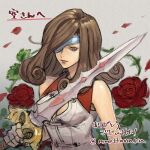  bare_shoulders beatrix_(ff9) breasts brown_eyes brown_hair cleaver curly_hair eyepatch final_fantasy final_fantasy_ix fingerless_gloves flower gloves grey_background hair_over_one_eye holding holding_sword holding_weapon jacket medium_breasts medium_hair one_eye_closed red_flower red_rose rose sketch sleeveless sleeveless_jacket sword twitter_username uboar upper_body weapon white_jacket 