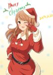  1girl bangs belt black_belt blush brown_eyes brown_hair christmas commentary cowboy_shot dated diesel-turbo dress english_text fur-trimmed_dress fur-trimmed_gloves fur_trim gloves highres hojo_karen idolmaster idolmaster_cinderella_girls long_hair looking_at_viewer merry_christmas one_eye_closed open_mouth red_gloves red_headwear santa_dress santa_gloves smile solo standing swept_bangs tilted_headwear v 