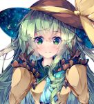  1girl bangs black_gloves black_headwear blue_scarf closed_mouth double_v fant gloves green_eyes green_hair hat hat_ribbon komeiji_koishi long_sleeves looking_at_viewer lowres ribbon scarf short_hair simple_background smile solo touhou upper_body v white_background yellow_ribbon 