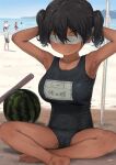  1girl armpits arms_behind_head beach black_hair blindfold blue_one-piece_swimsuit breasts clenched_teeth gaki_kyonyuu highres indian_style kaedeko_(kaedelic) large_breasts ocean old_school_swimsuit one-piece_swimsuit oppai_loli outdoors sand sasaki_kanna_(kaedeko) school_swimsuit short_hair signature sitting solo_focus swimsuit tan teeth twintails watermark 