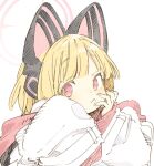  1girl :&lt; abara_heiki animal_ear_headphones animal_ears bangs blonde_hair blue_archive blush cat_ear_headphones closed_mouth fake_animal_ears halo hand_on_own_cheek hand_on_own_face headphones jacket long_sleeves looking_at_viewer momoi_(blue_archive) pink_eyes solo white_jacket 